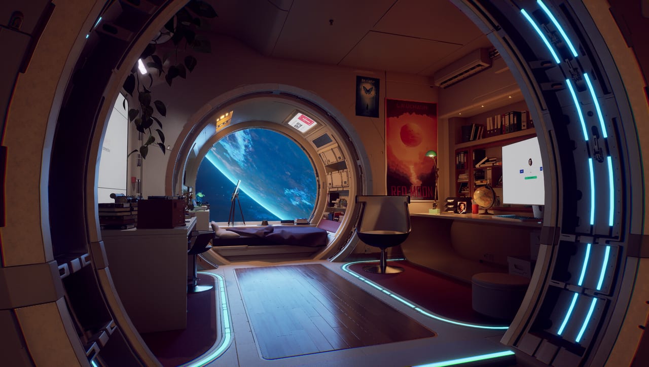 Rivage crew cabin on A.R.E.S. with a circular window showing a blue planet, desk, and teal floor lighting.
