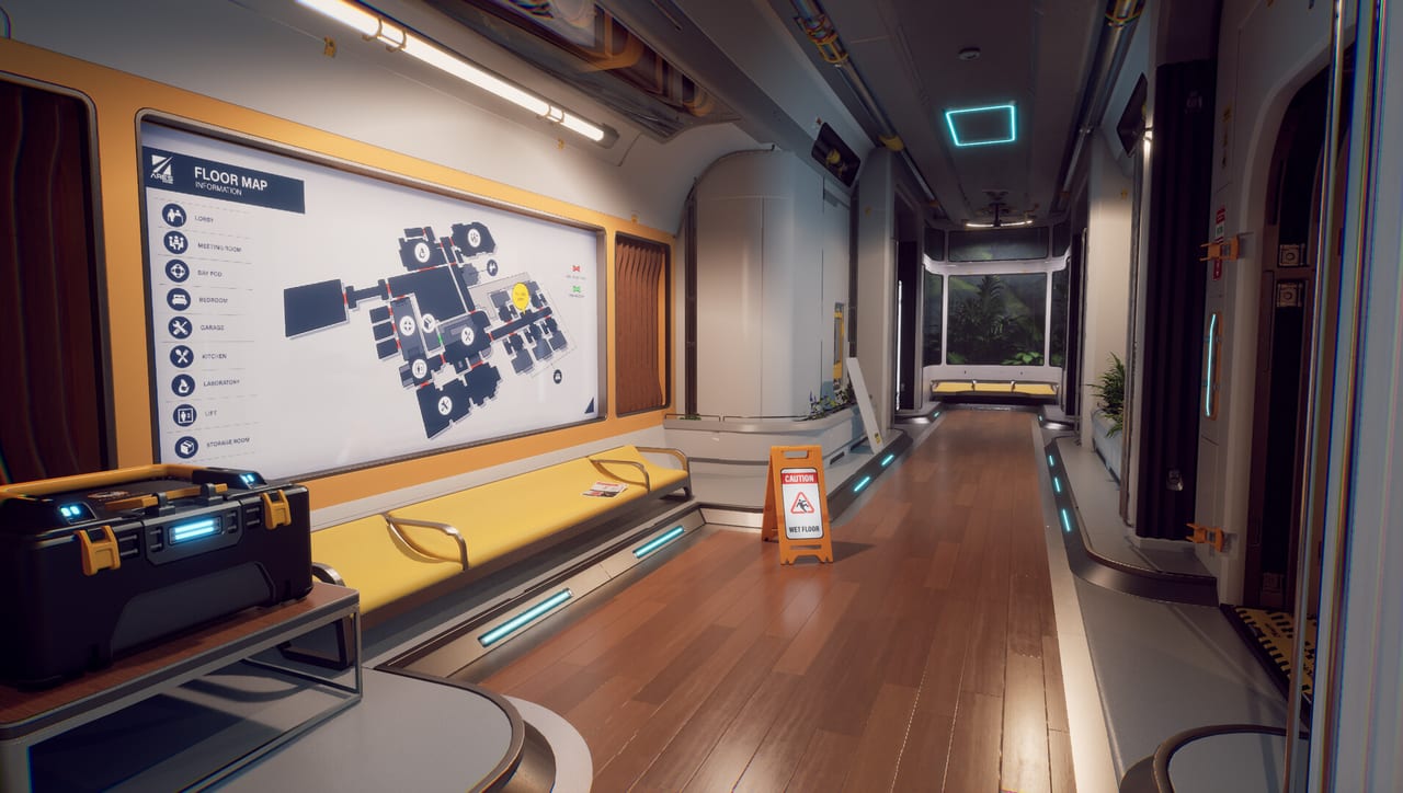 A.R.E.S. corridor in Rivage with a wall-mounted floor map, yellow bench, toolbox, and a wet-floor caution sign.